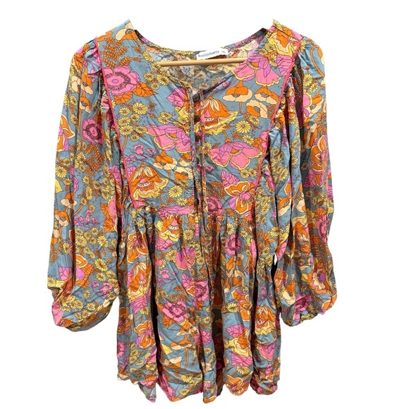 Rusttydustty Women’s 1X Floral Boho Romper Peasant Sleeve Cottagecore Chic - Picture 4 of 15